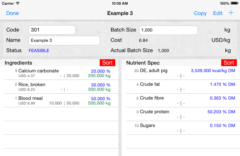 Feed Pro formulation screen